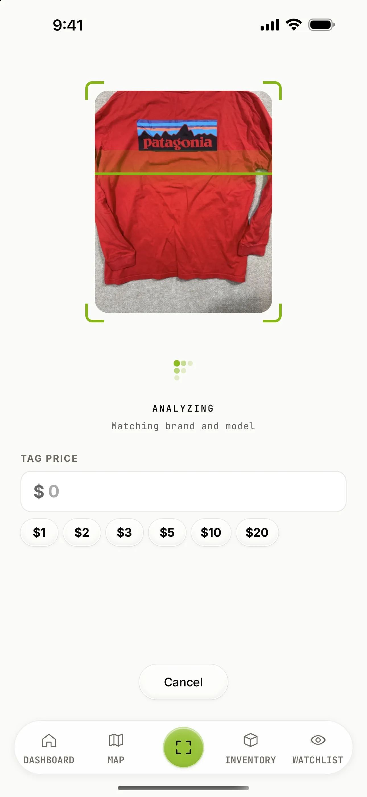 Fownd analyzing a photo of a red Patagonia long sleeve tee, matching brand and model