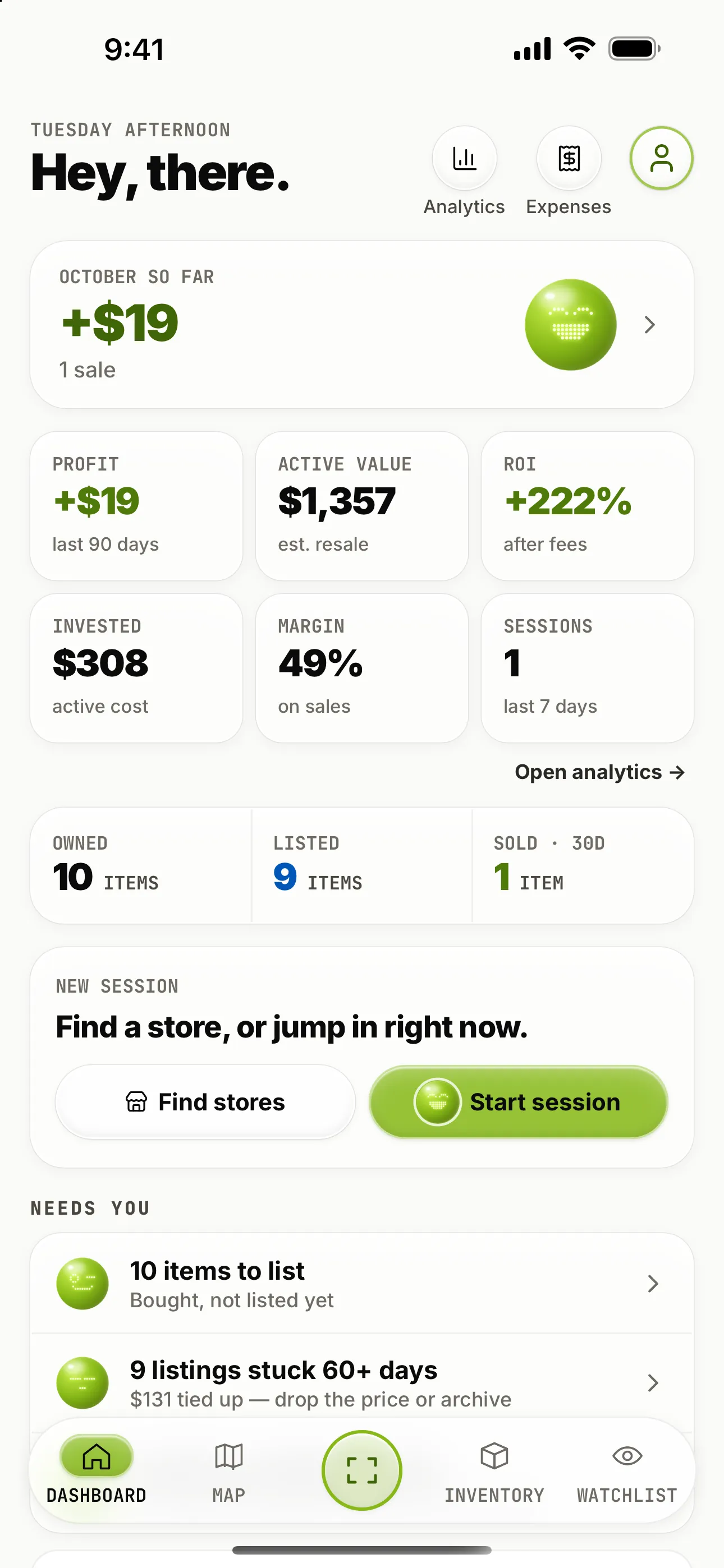 The Fownd dashboard: this month's profit, ROI, owned, listed and sold counts, and the Needs you list