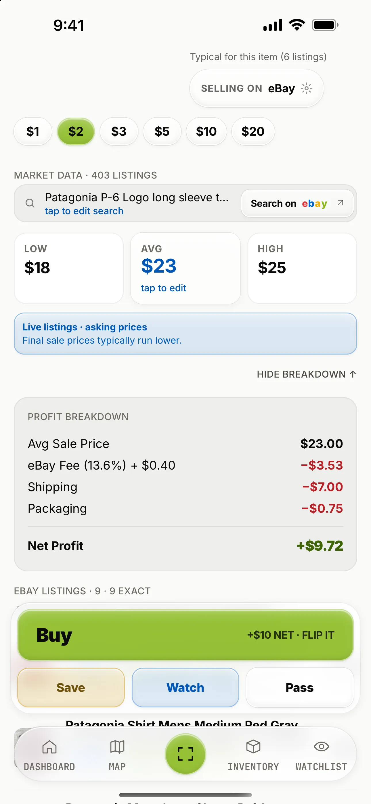 Profit breakdown for the tee on eBay: $23.00 average sale price, eBay fee −$3.53, shipping −$7.00, packaging −$0.75, net profit +$9.72