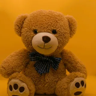 A brown teddy bear with a plaid bow tie