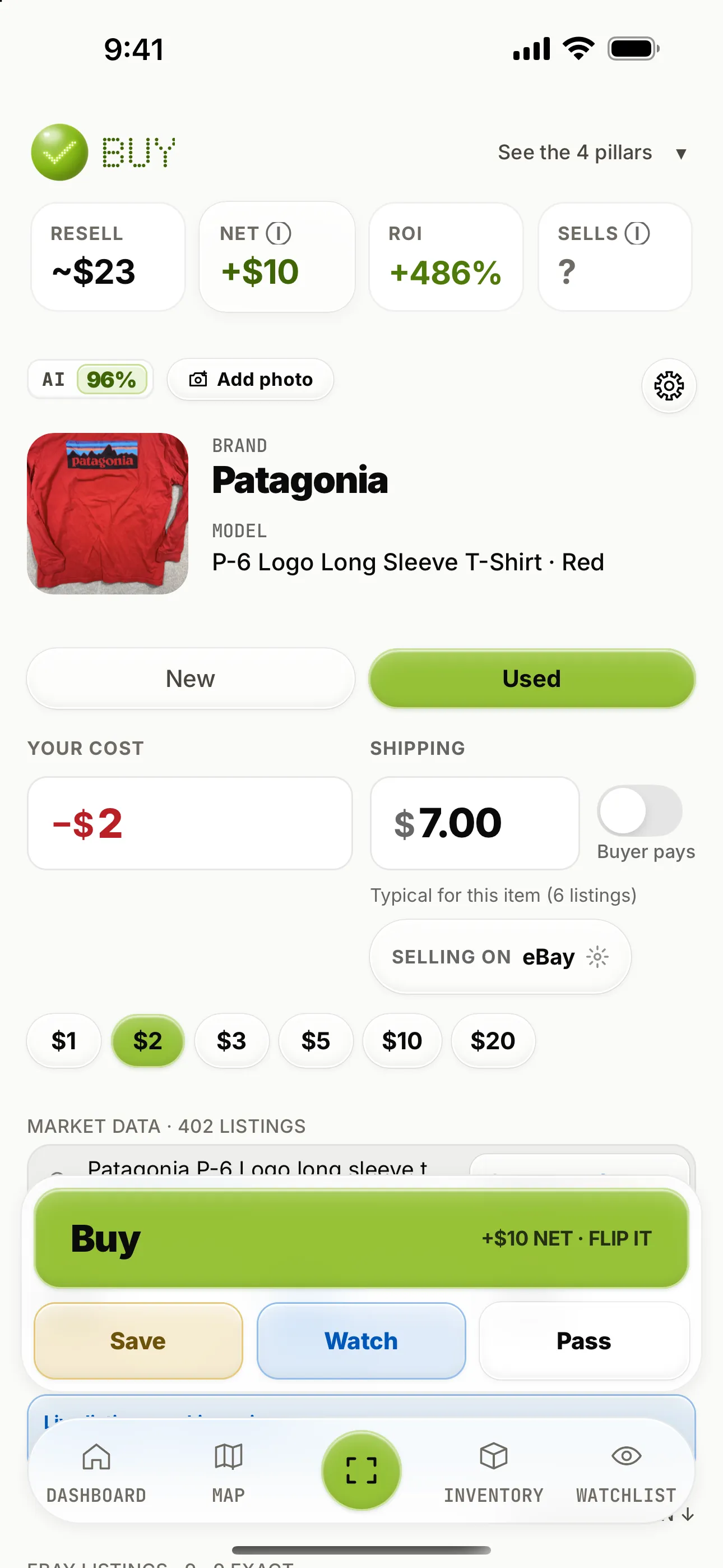 Fownd scan result: BUY for a red Patagonia P-6 long sleeve tee at a $2 cost, +$10 net and +486% ROI after fees